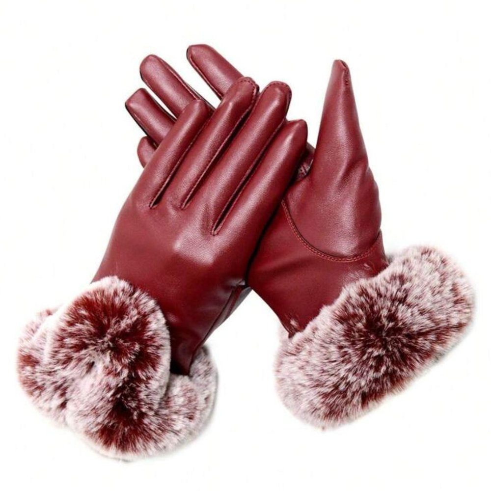 Burgundy Women's Pu Leather Faux fur Gloves NEW mob wife trend winter fashion